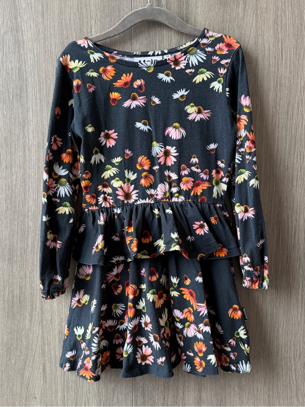 Molo Black Long-Sleeve Floral Peplum Dress with Pink & Orange Flowers- size 4